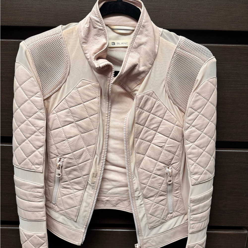 Blanc Noir Women's Light Pink Leather Biker Jacket